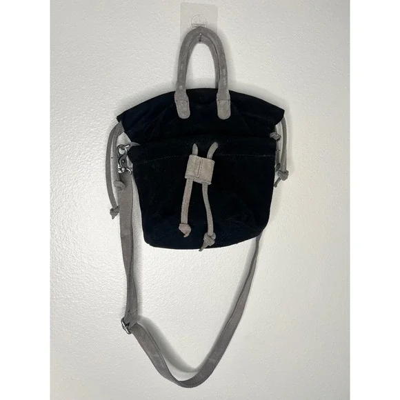 Free People Suede Drawstring Bucket Bag Black Gray Crossbody Tote Handbag - Picture 2 of 7